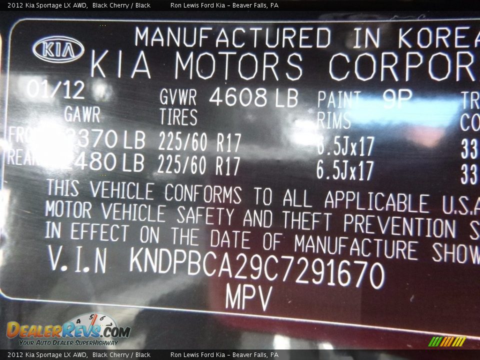 2012 Kia Sportage LX AWD Black Cherry / Black Photo #15