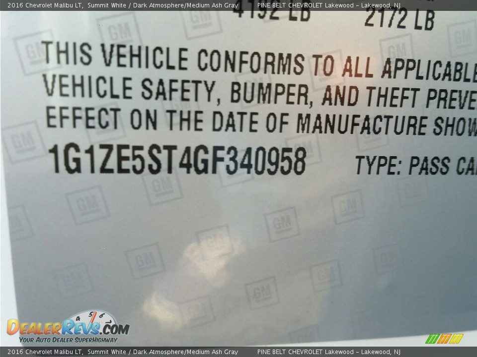 2016 Chevrolet Malibu LT Summit White / Dark Atmosphere/Medium Ash Gray Photo #10