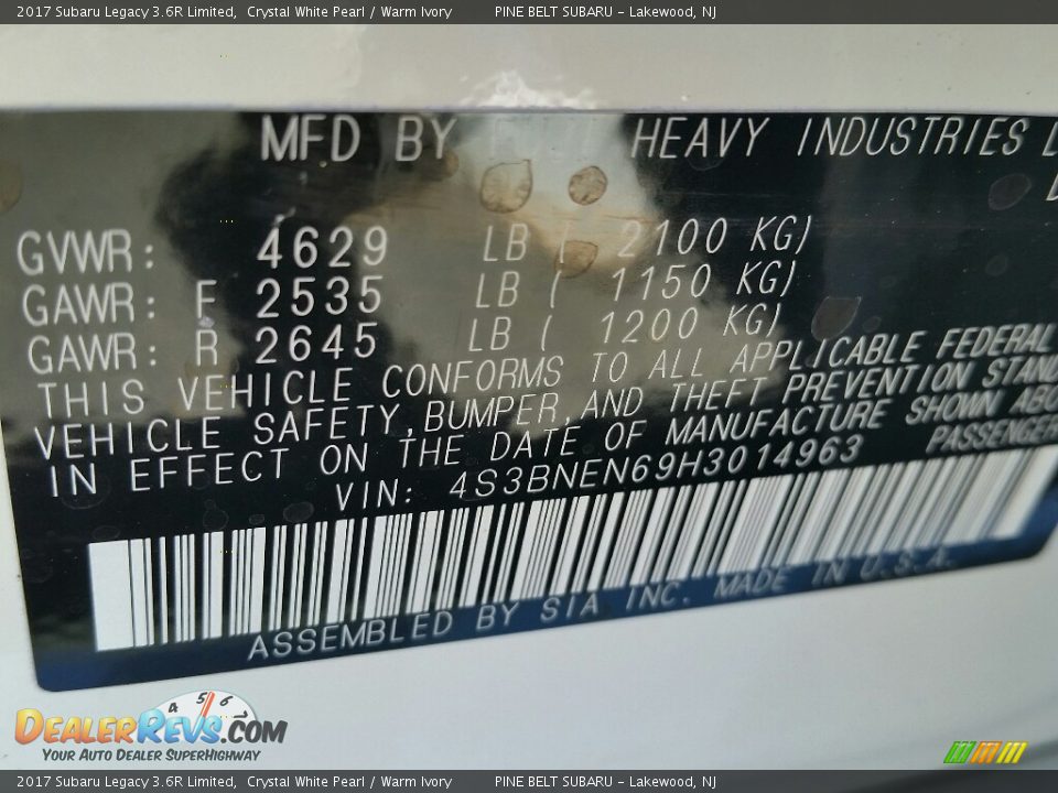 2017 Subaru Legacy 3.6R Limited Crystal White Pearl / Warm Ivory Photo #10