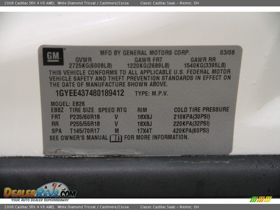 2008 Cadillac SRX 4 V6 AWD White Diamond Tricoat / Cashmere/Cocoa Photo #19