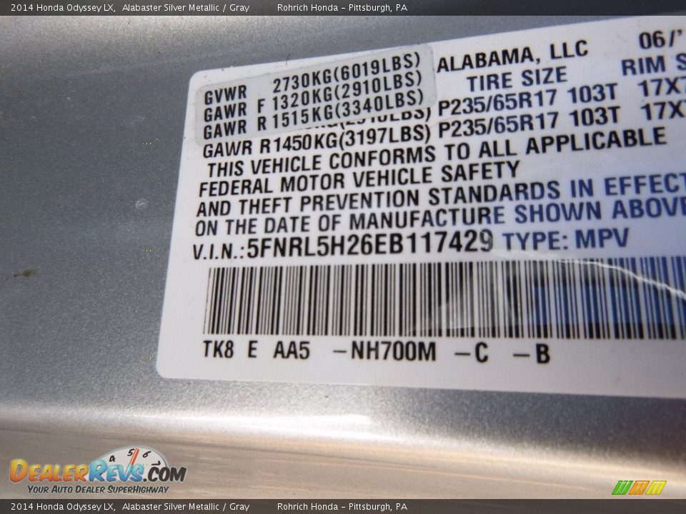 2014 Honda Odyssey LX Alabaster Silver Metallic / Gray Photo #25