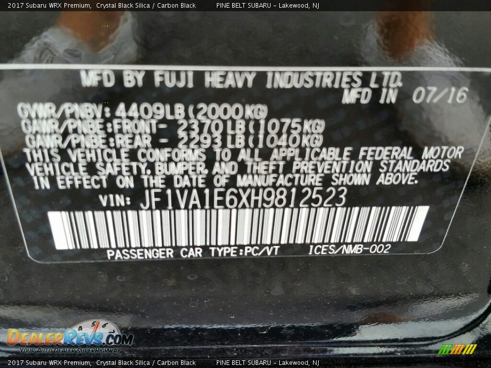 2017 Subaru WRX Premium Crystal Black Silica / Carbon Black Photo #10