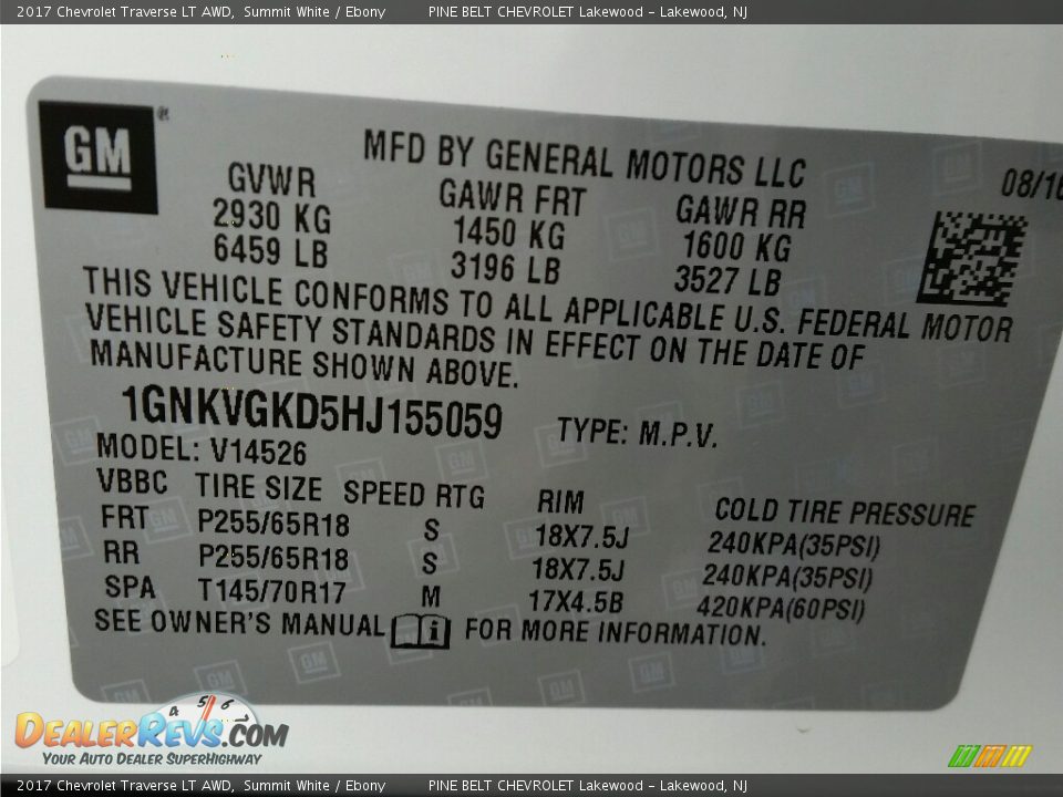 2017 Chevrolet Traverse LT AWD Summit White / Ebony Photo #10