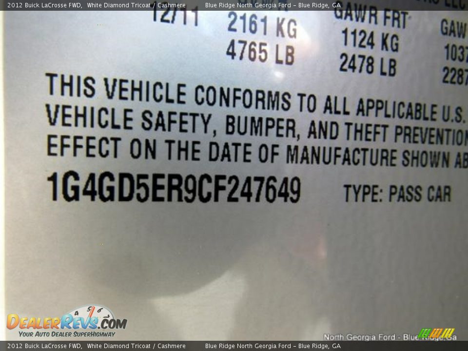 2012 Buick LaCrosse FWD White Diamond Tricoat / Cashmere Photo #26