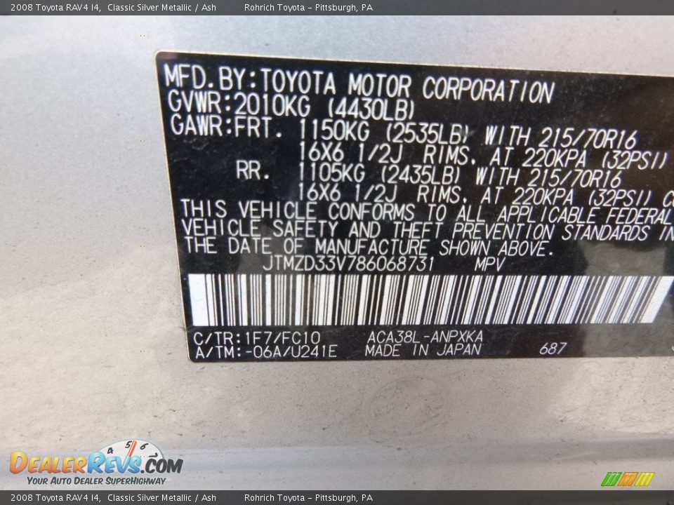 2008 Toyota RAV4 I4 Classic Silver Metallic / Ash Photo #9