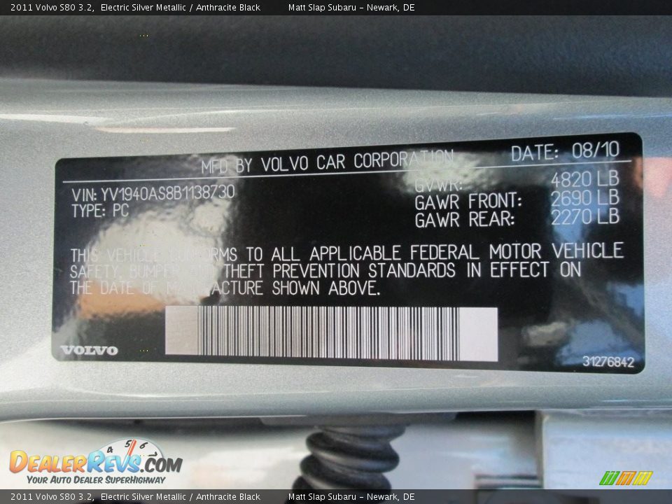 2011 Volvo S80 3.2 Electric Silver Metallic / Anthracite Black Photo #29