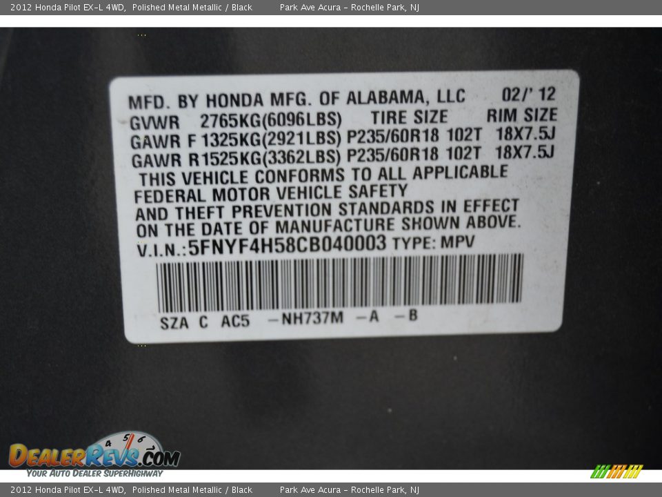 2012 Honda Pilot EX-L 4WD Polished Metal Metallic / Black Photo #29