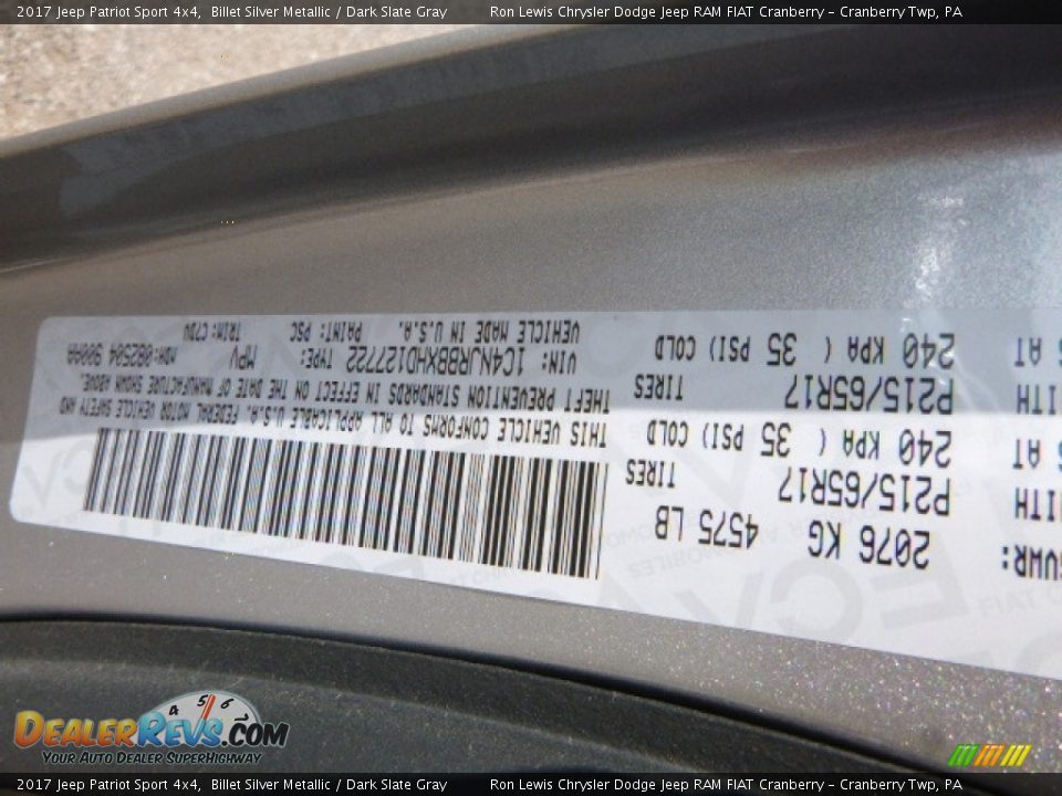 2017 Jeep Patriot Sport 4x4 Billet Silver Metallic / Dark Slate Gray Photo #15