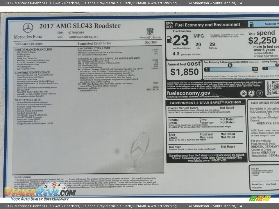 2017 Mercedes-Benz SLC 43 AMG Roadster Window Sticker Photo #10