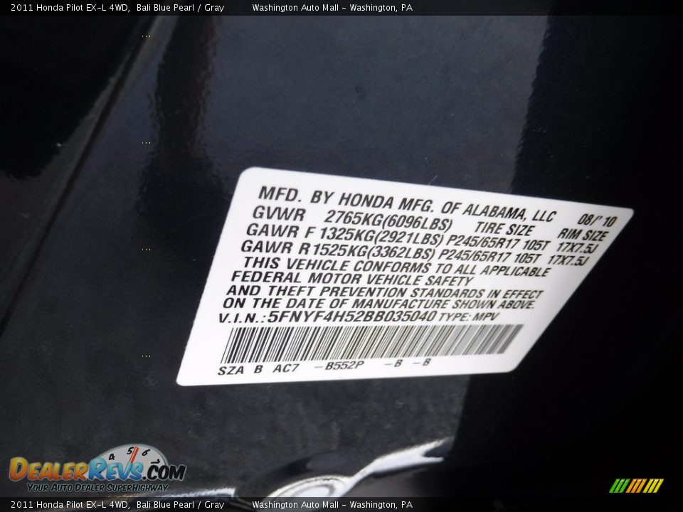 2011 Honda Pilot EX-L 4WD Bali Blue Pearl / Gray Photo #24