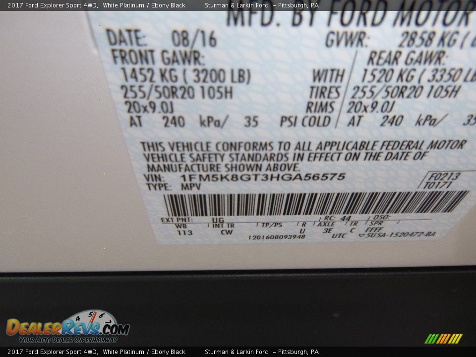 2017 Ford Explorer Sport 4WD White Platinum / Ebony Black Photo #11