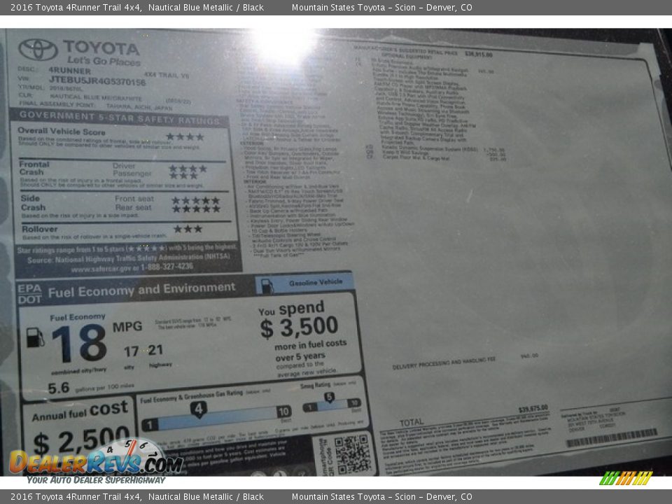 2016 Toyota 4Runner Trail 4x4 Nautical Blue Metallic / Black Photo #10