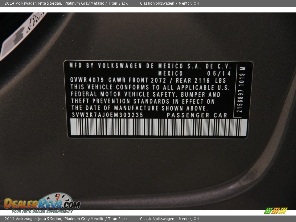 2014 Volkswagen Jetta S Sedan Platinum Gray Metallic / Titan Black Photo #16