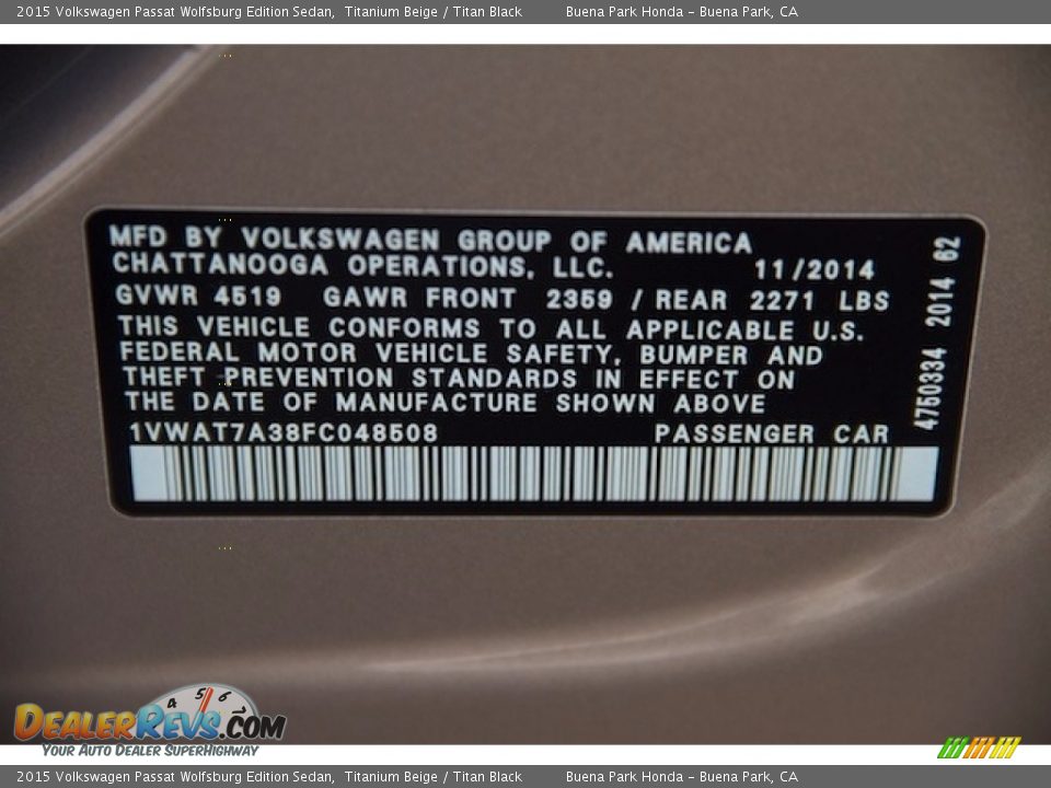 2015 Volkswagen Passat Wolfsburg Edition Sedan Titanium Beige / Titan Black Photo #28