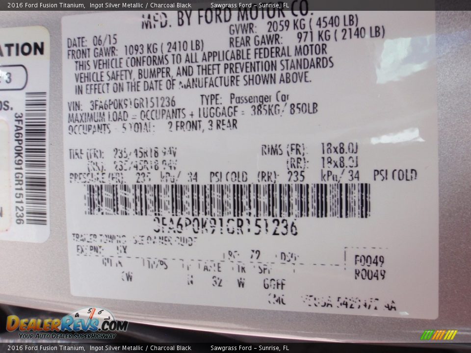 2016 Ford Fusion Titanium Ingot Silver Metallic / Charcoal Black Photo #32