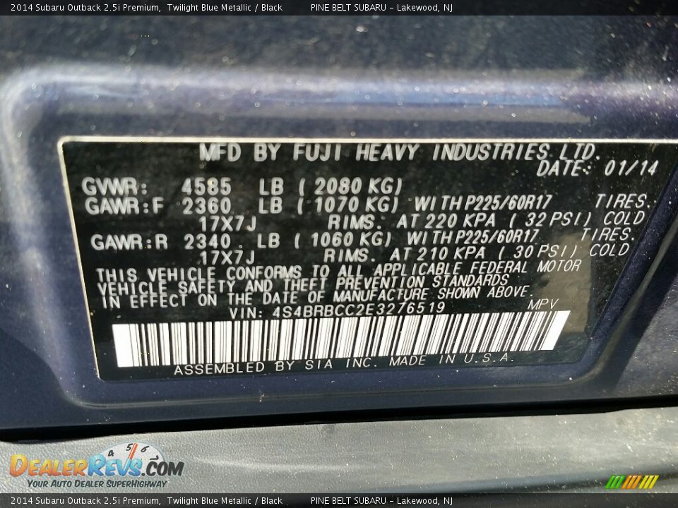2014 Subaru Outback 2.5i Premium Twilight Blue Metallic / Black Photo #31