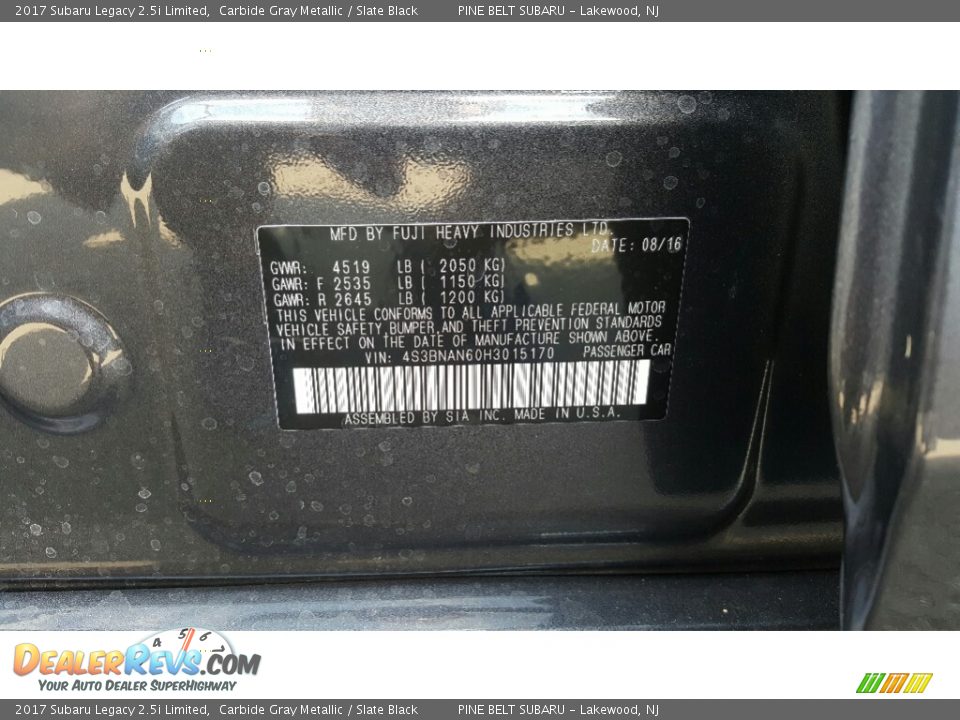 2017 Subaru Legacy 2.5i Limited Carbide Gray Metallic / Slate Black Photo #7