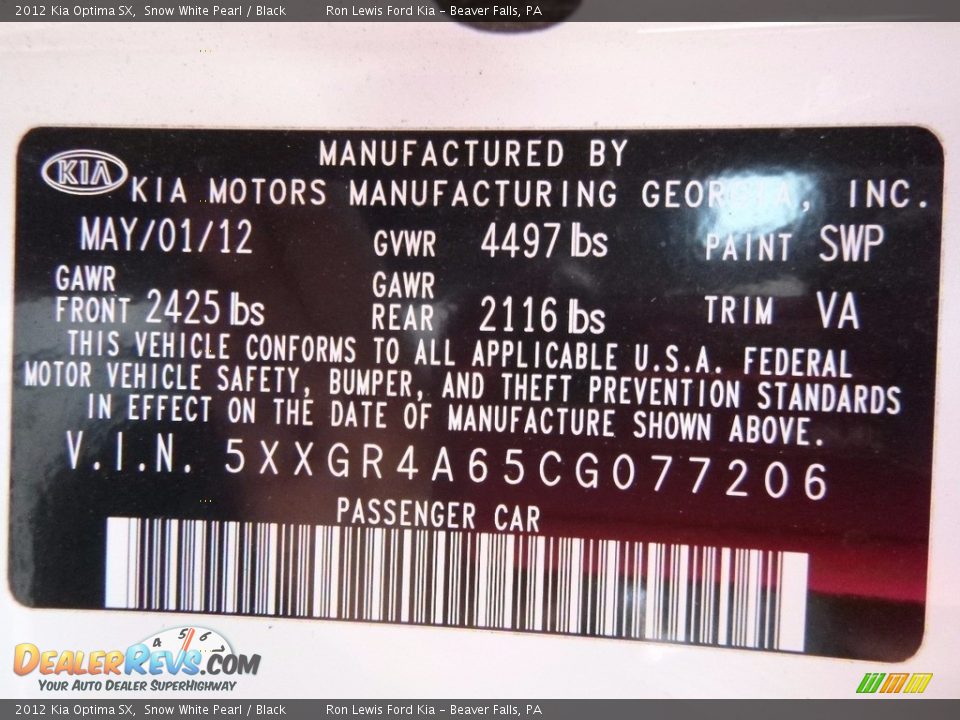 2012 Kia Optima SX Snow White Pearl / Black Photo #14