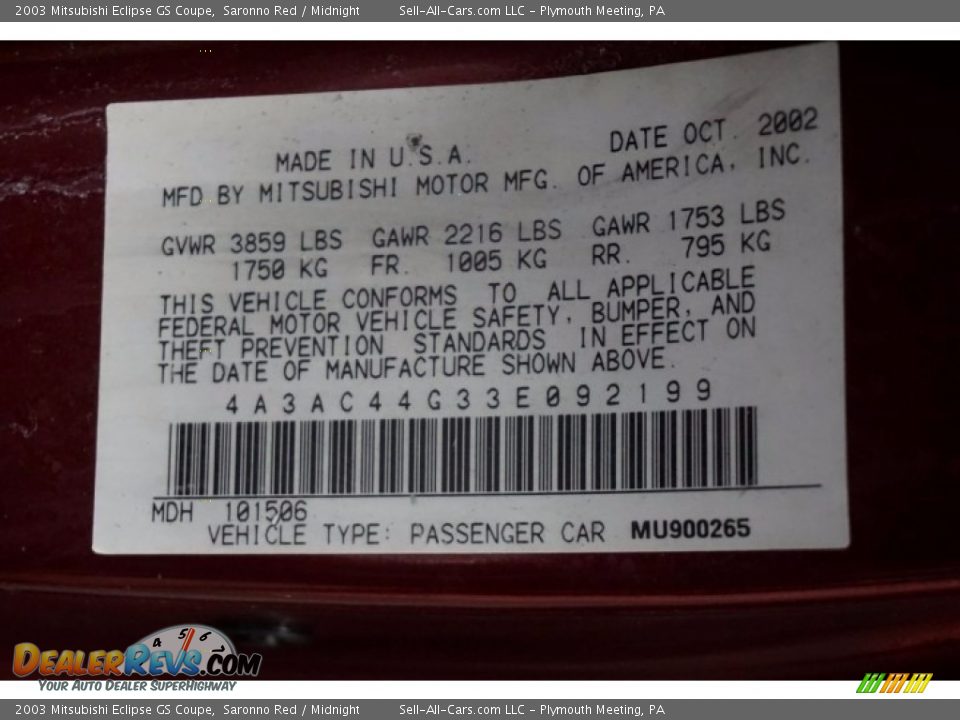 2003 Mitsubishi Eclipse GS Coupe Saronno Red / Midnight Photo #14
