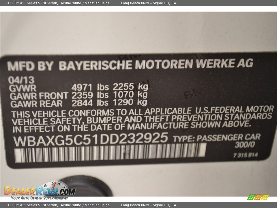 2013 BMW 5 Series 528i Sedan Alpine White / Venetian Beige Photo #30