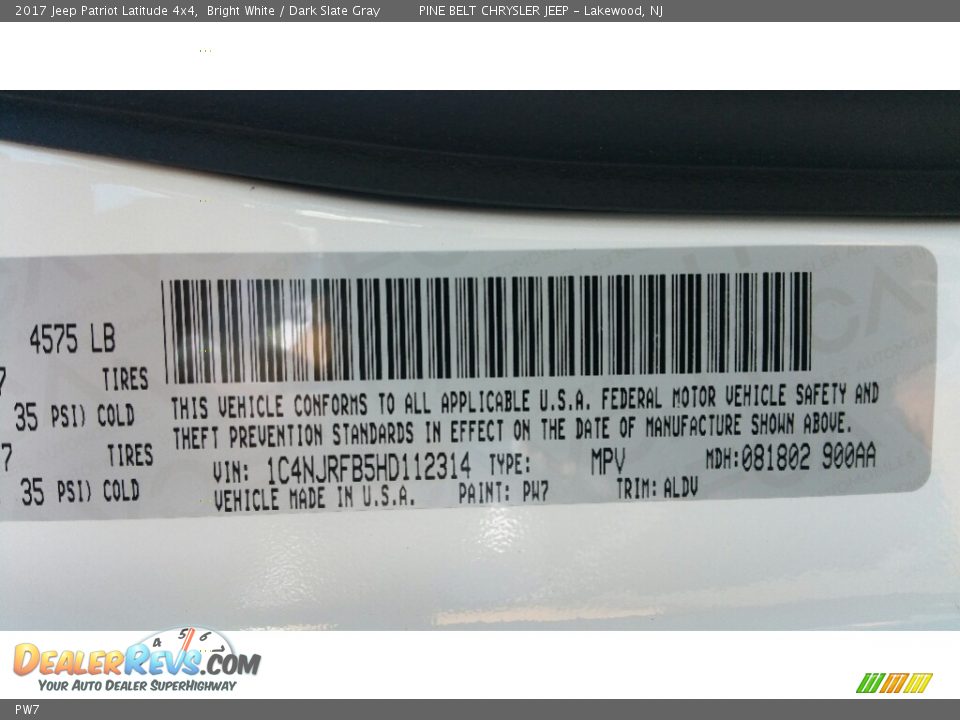 Jeep Color Code PW7 Bright White