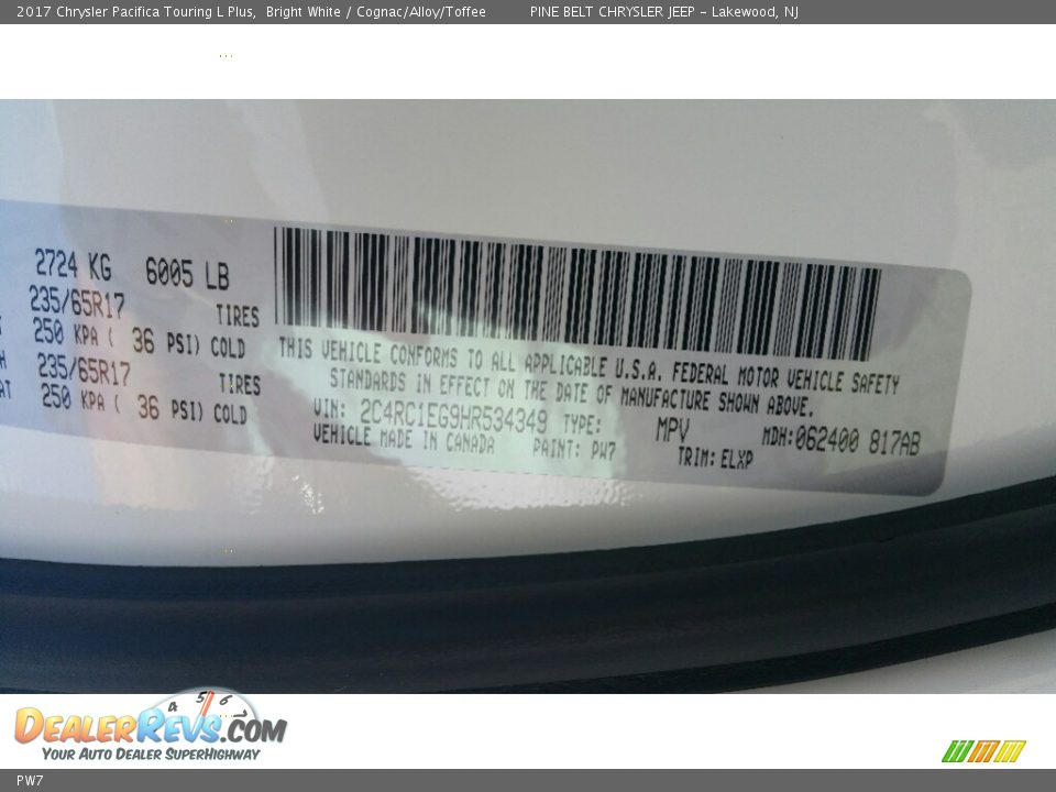 Chrysler Color Code PW7 Bright White