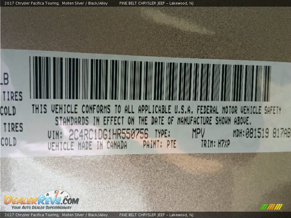 2017 Chrysler Pacifica Touring Molten Silver / Black/Alloy Photo #7
