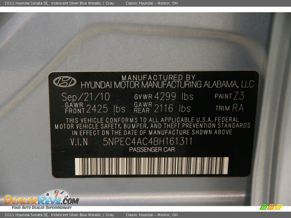 2011 Hyundai Sonata SE Iridescent Silver Blue Metallic / Gray Photo #18