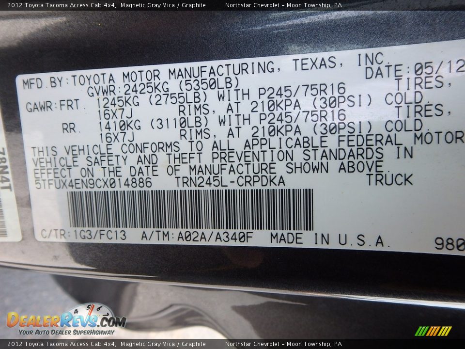 2012 Toyota Tacoma Access Cab 4x4 Magnetic Gray Mica / Graphite Photo #29