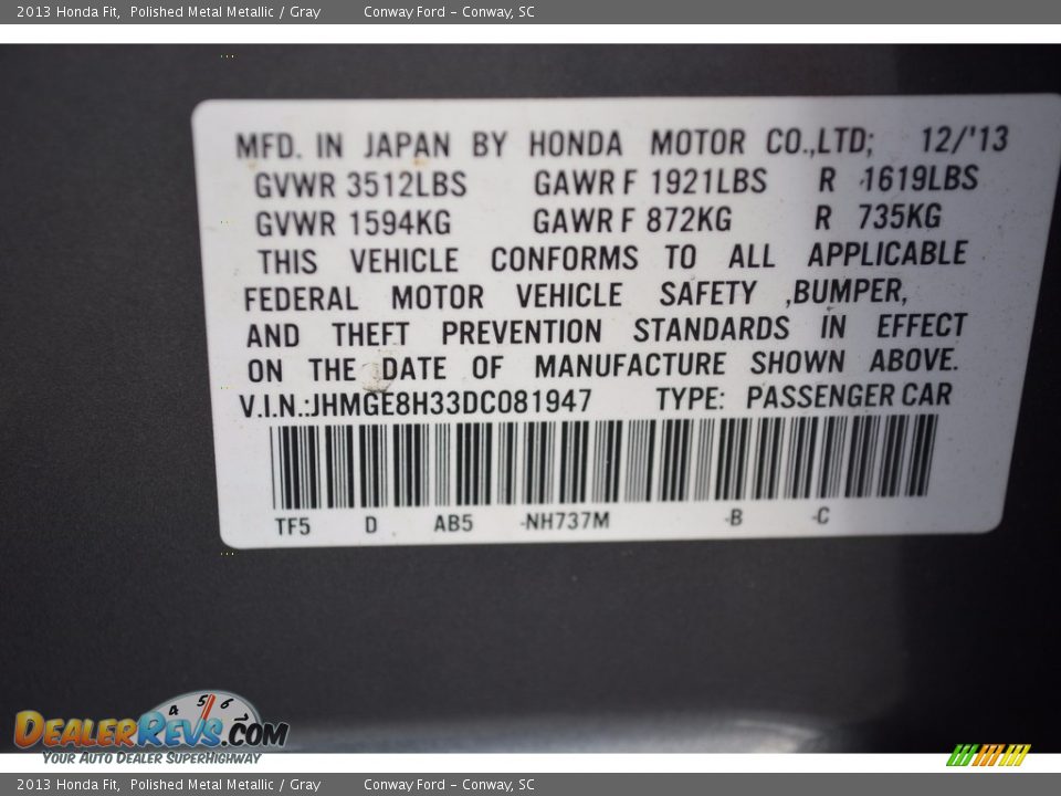 2013 Honda Fit Polished Metal Metallic / Gray Photo #10