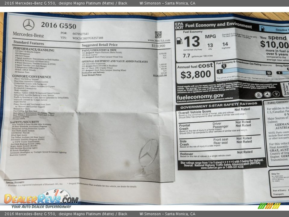 2016 Mercedes-Benz G 550 Window Sticker Photo #11