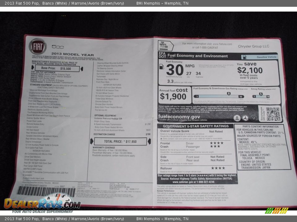 2013 Fiat 500 Pop Bianco (White) / Marrone/Avorio (Brown/Ivory) Photo #17