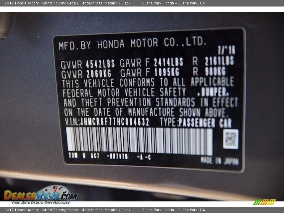 2017 Honda Accord Hybrid Touring Sedan Modern Steel Metallic / Black Photo #21