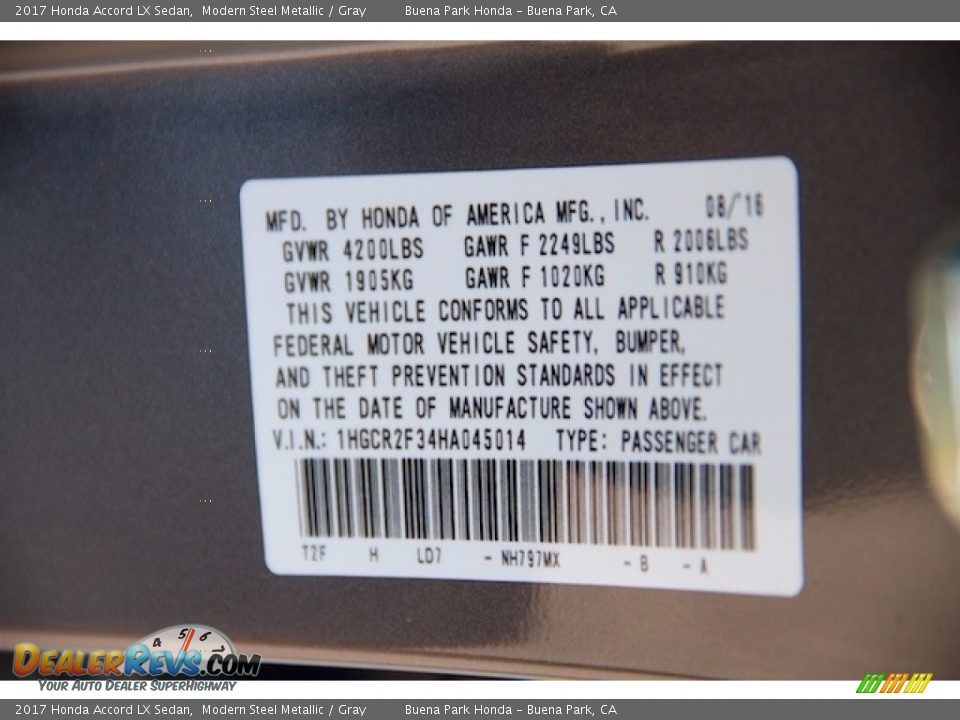 2017 Honda Accord LX Sedan Modern Steel Metallic / Gray Photo #17