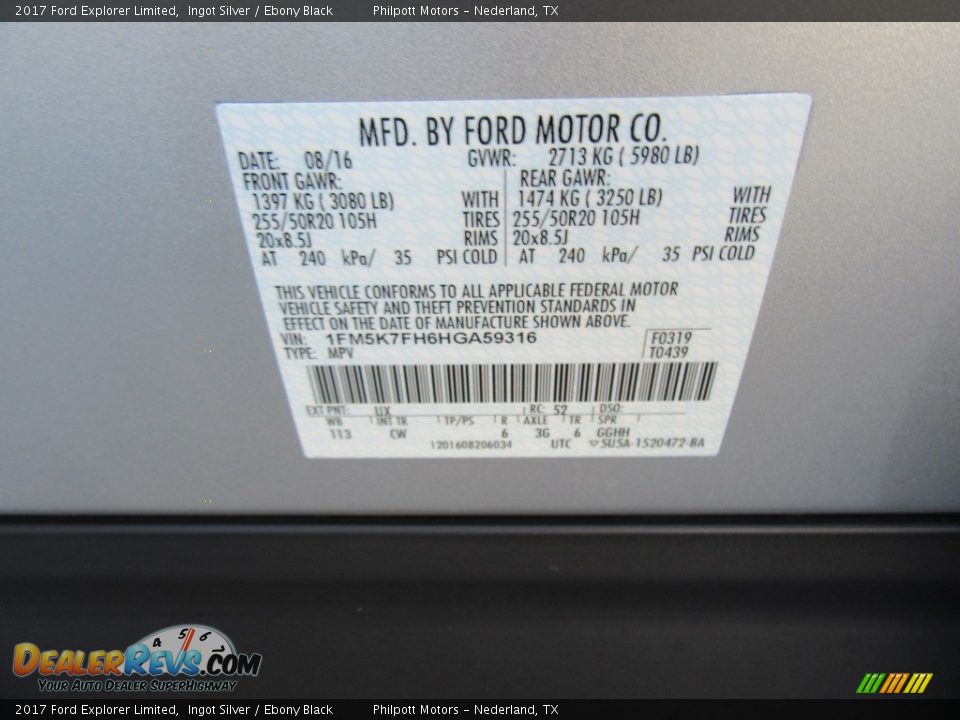 2017 Ford Explorer Limited Ingot Silver / Ebony Black Photo #35