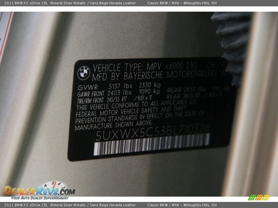 2011 BMW X3 xDrive 28i Mineral Silver Metallic / Sand Beige Nevada Leather Photo #23