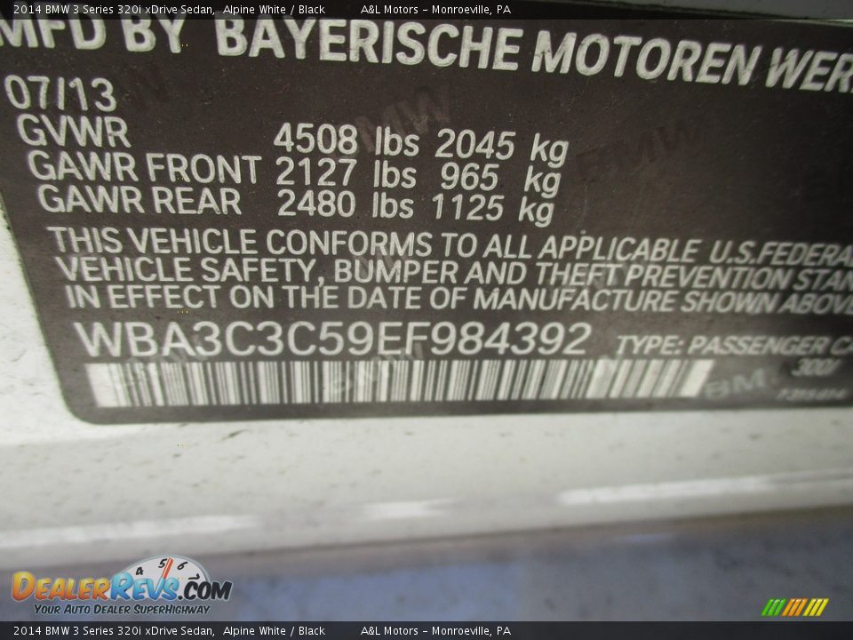 2014 BMW 3 Series 320i xDrive Sedan Alpine White / Black Photo #19