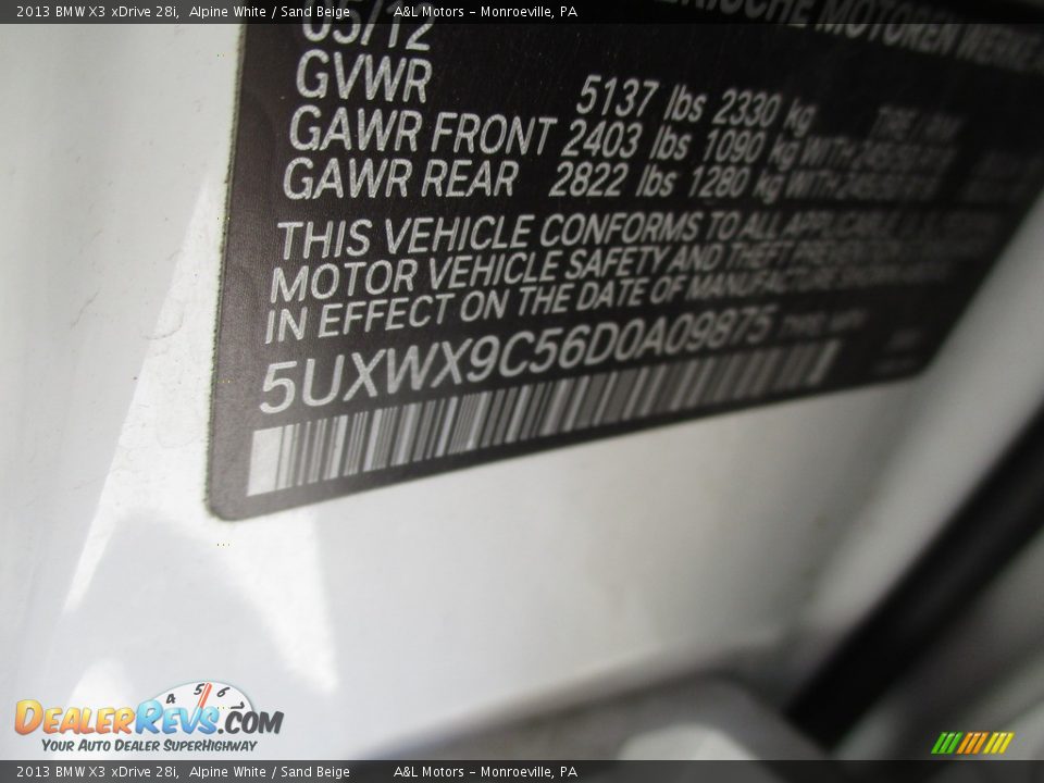 2013 BMW X3 xDrive 28i Alpine White / Sand Beige Photo #19