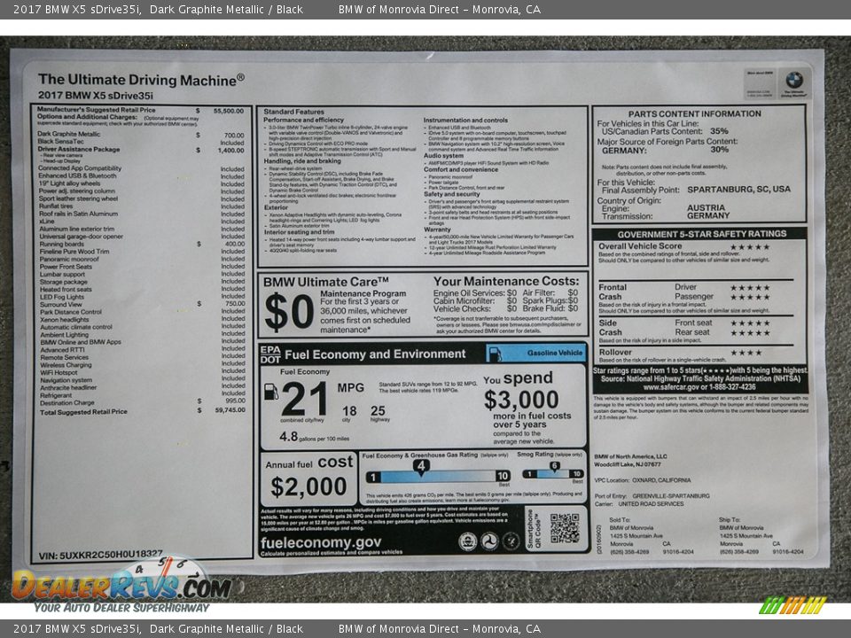 2017 BMW X5 sDrive35i Window Sticker Photo #11