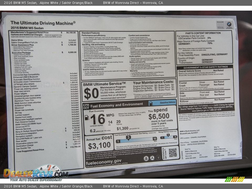 2016 BMW M5 Sedan Window Sticker Photo #11