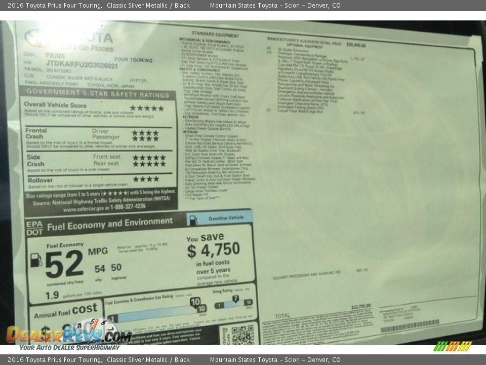 2016 Toyota Prius Four Touring Classic Silver Metallic / Black Photo #10