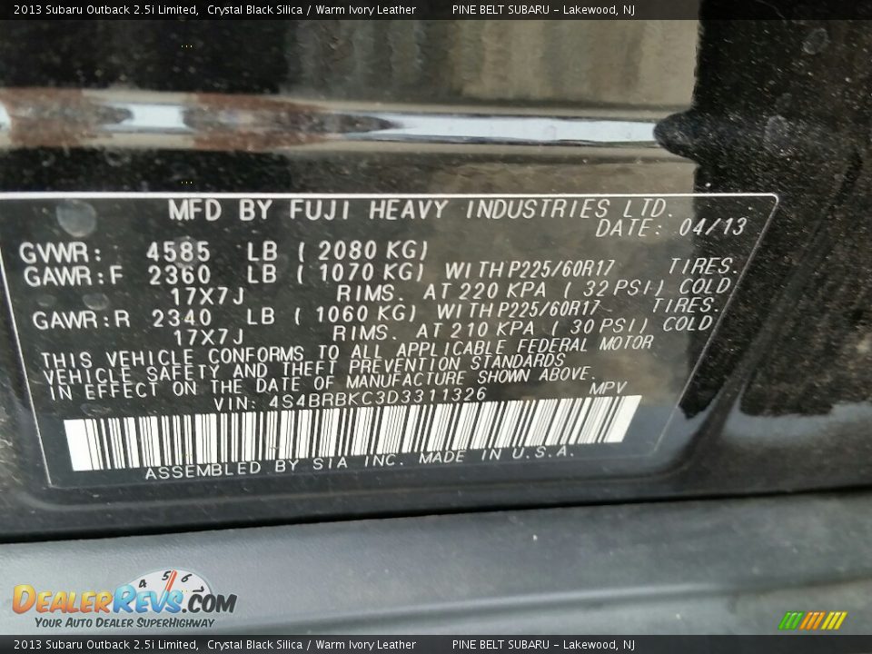 2013 Subaru Outback 2.5i Limited Crystal Black Silica / Warm Ivory Leather Photo #33