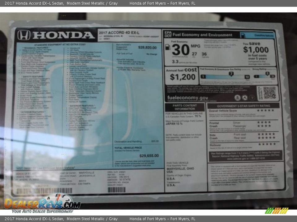 2017 Honda Accord EX-L Sedan Modern Steel Metallic / Gray Photo #32