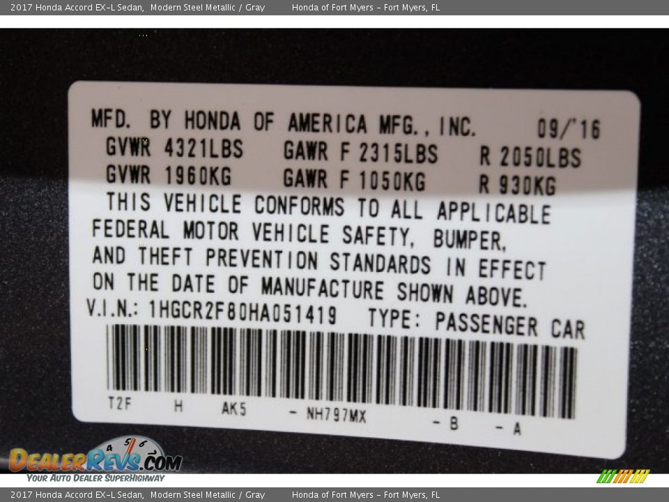 2017 Honda Accord EX-L Sedan Modern Steel Metallic / Gray Photo #33