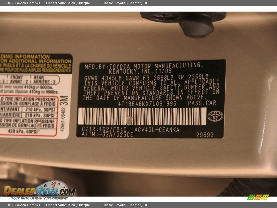 2007 Toyota Camry LE Desert Sand Mica / Bisque Photo #17