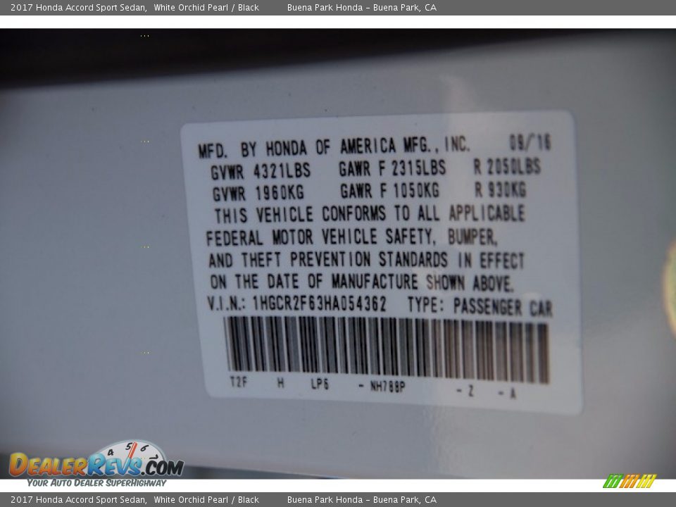 2017 Honda Accord Sport Sedan White Orchid Pearl / Black Photo #16