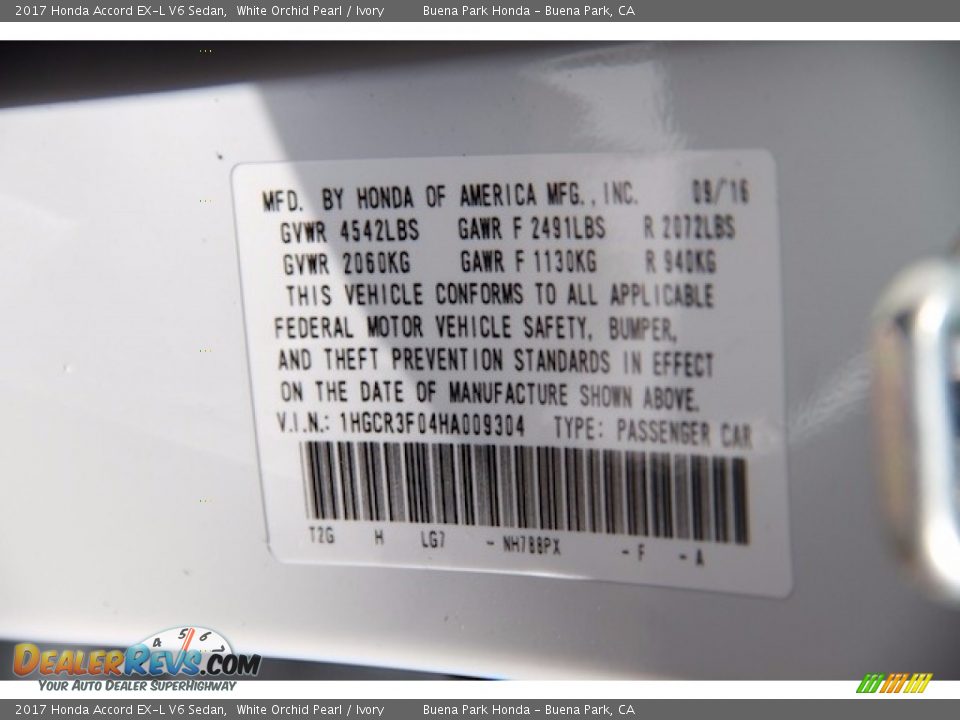 2017 Honda Accord EX-L V6 Sedan White Orchid Pearl / Ivory Photo #20