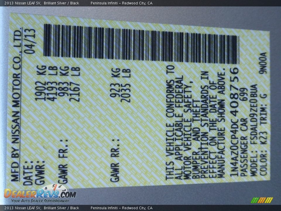 2013 Nissan LEAF SV Brilliant Silver / Black Photo #27