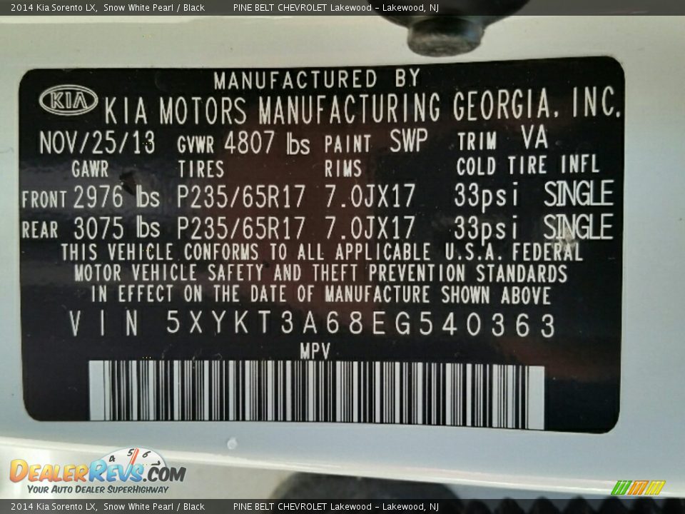 2014 Kia Sorento LX Snow White Pearl / Black Photo #31