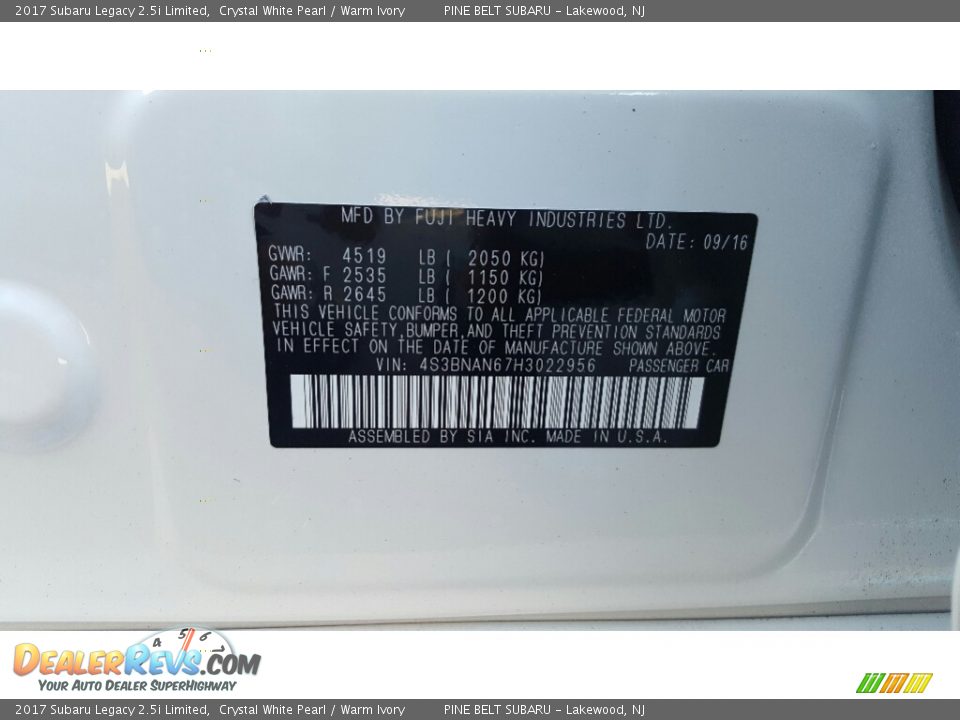 2017 Subaru Legacy 2.5i Limited Crystal White Pearl / Warm Ivory Photo #7